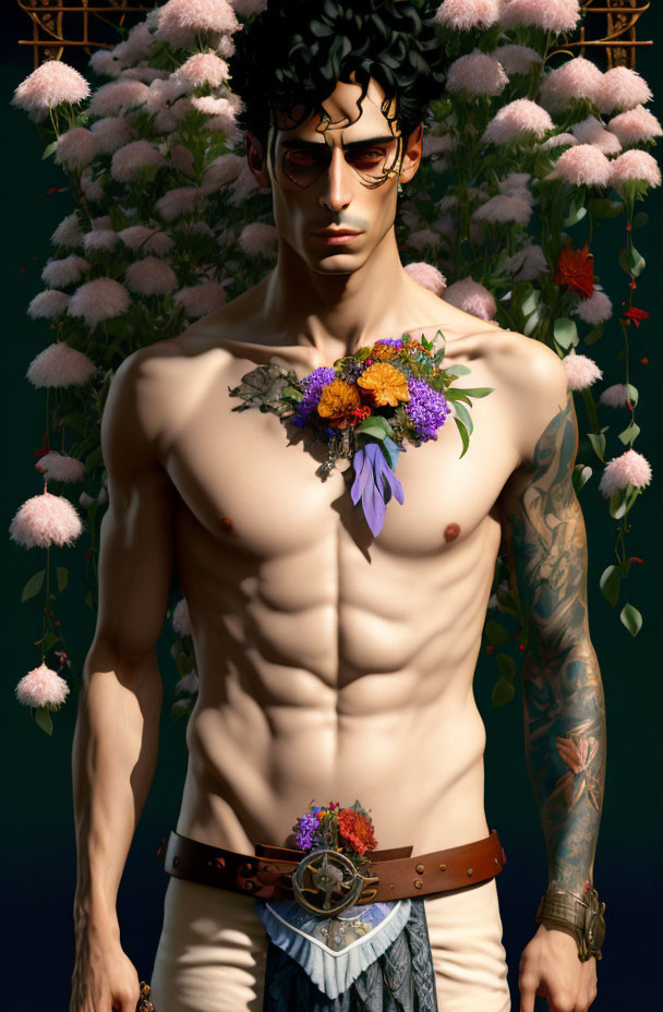 Tattooed man in glasses with floral accessories on floral background