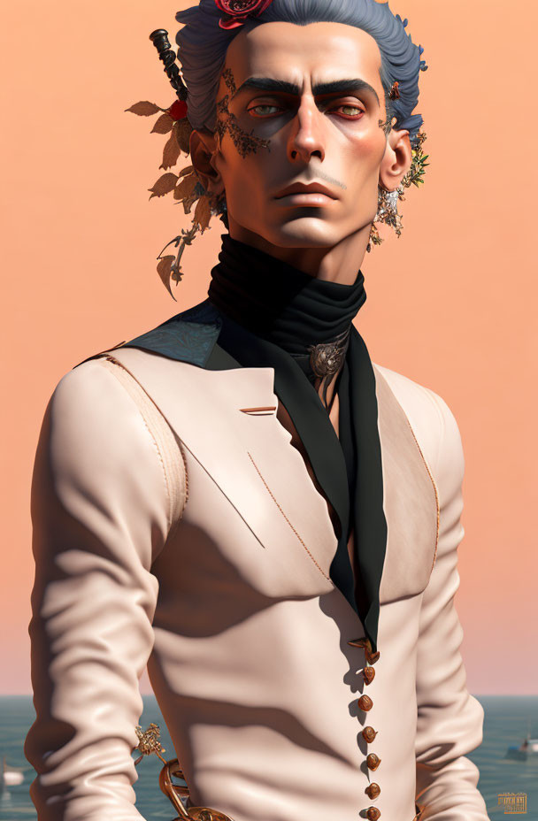 Stylized man with grey hair and floral headpiece in elegant attire