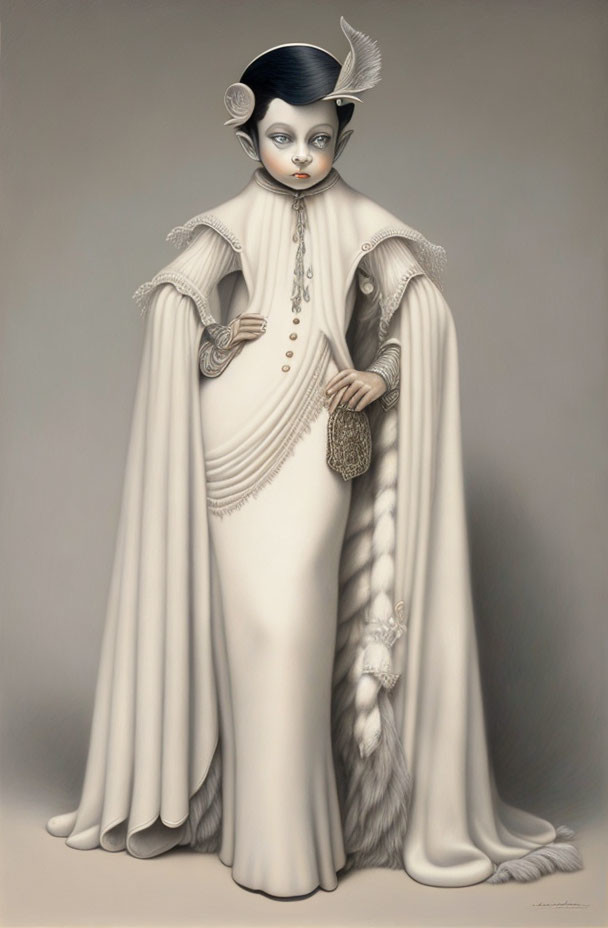 Elegant figure in white draped gown with vintage details and fantasy-like facial features