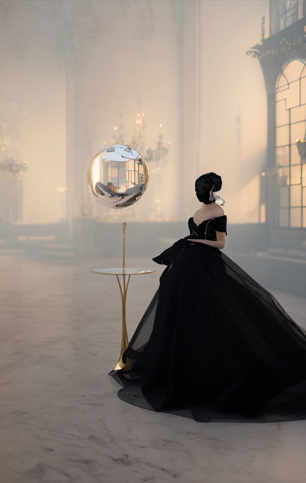 Woman in Black Gown Contemplates Reflective Sphere in Grand Sunlit Room