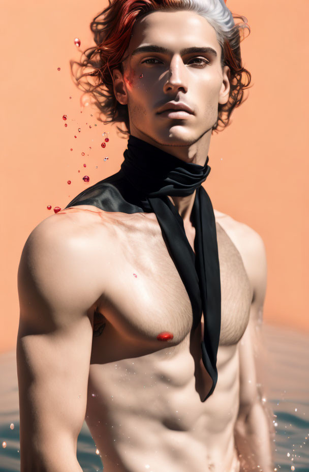 Red-haired man with black scarf in water splash portrait