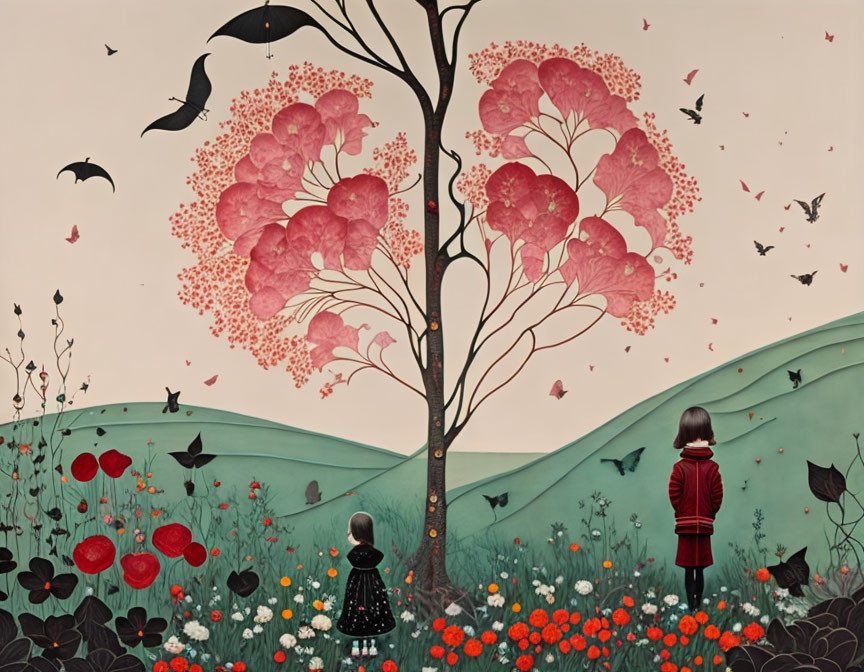 Children admiring whimsical tree with pink blooms and flying birds in serene landscape