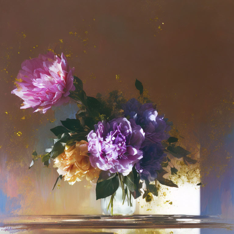 Colorful peony bouquet painting with golden splatter on warm background