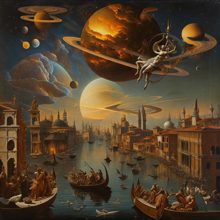 Venice-like City with Surreal Sky and Spacefaring Figure