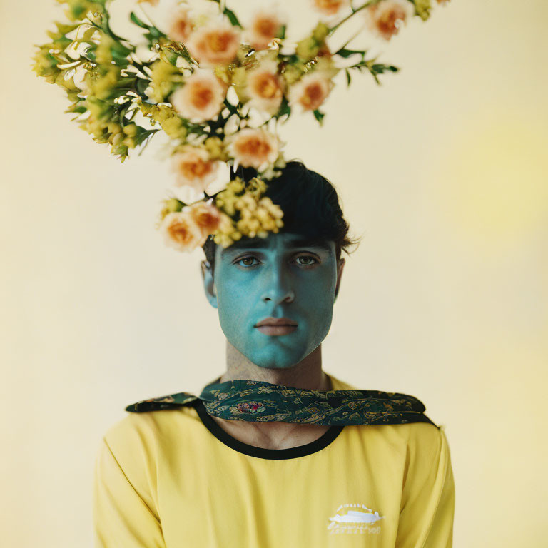 Blue face paint person obscured by yellow flowers on pale background