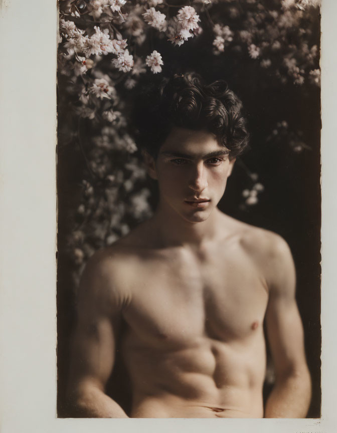 Intense shirtless man with tousled hair and cherry blossoms.