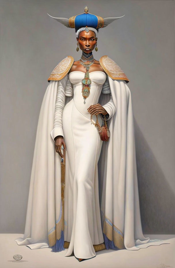 Regal woman with blue hair, golden horns, white dress, holding scepter.