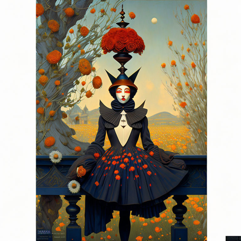 Stylized painting of woman in black dress with headdress in moonlit field