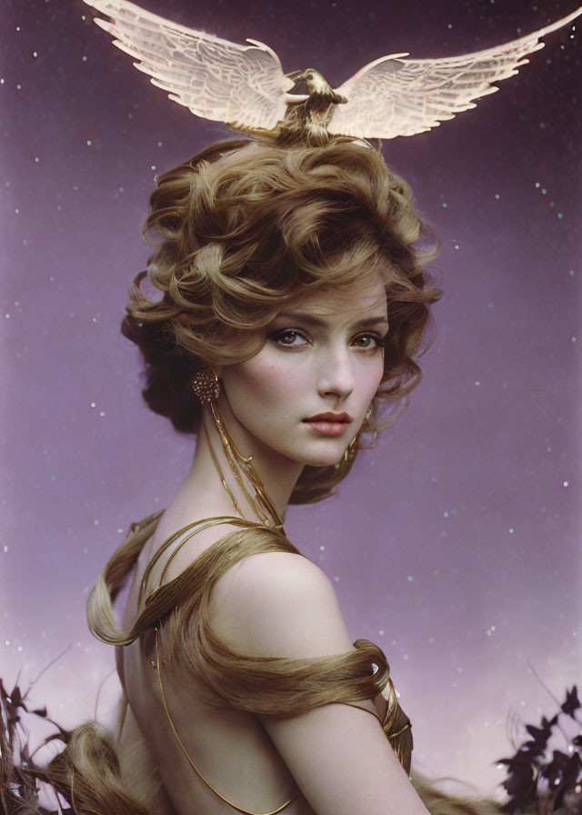 Portrait of woman with curly hair, golden wings, eagle, starry background