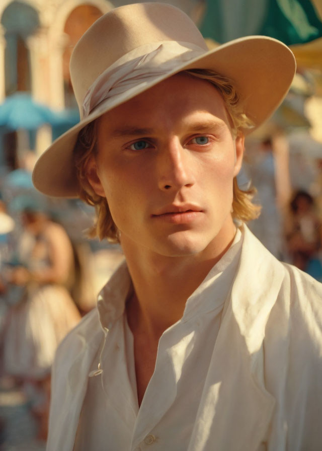 Young man with long blonde hair in beige fedora hat and white shirt gazing into distance