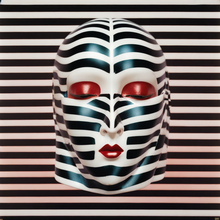 Surreal zebra-striped face mask with red makeup on striped background