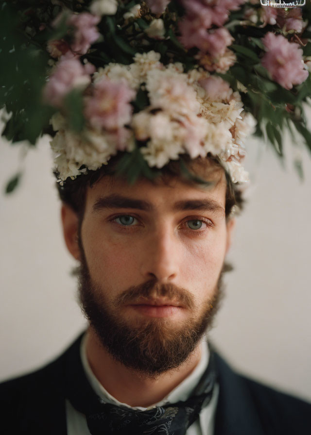 Man with piercing blue eyes wearing floral crown of pink blossoms.