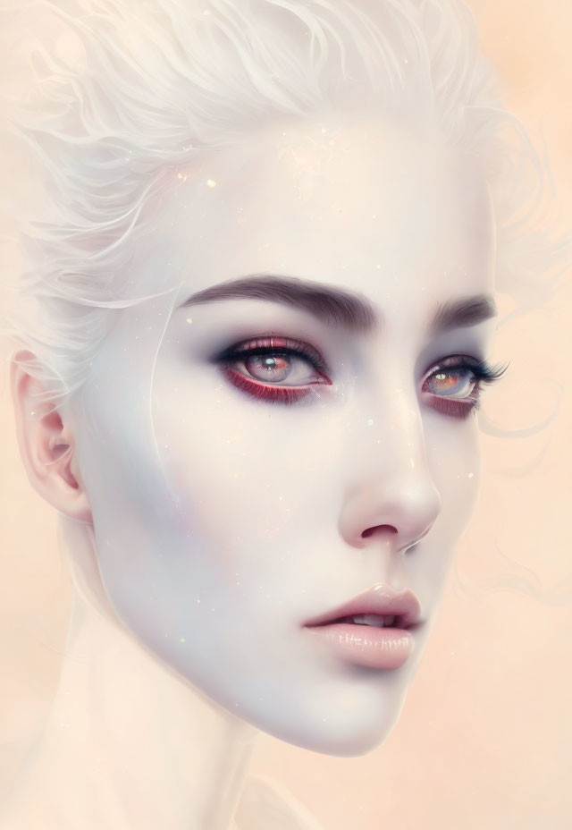 Person with pale skin, red eyes, white hair, and cosmic patterns