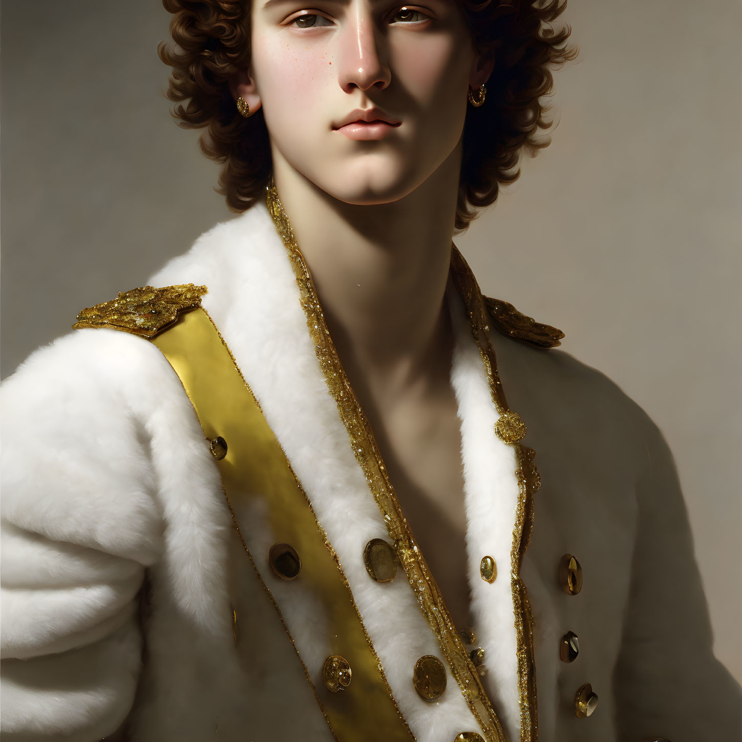 Curly-Haired Person in Luxurious White Fur Coat with Gold Details