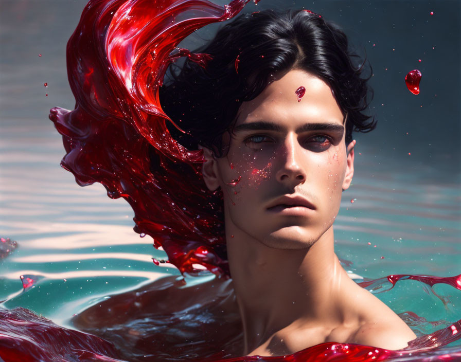 Dark-Haired Person Emerging from Water with Red Splash