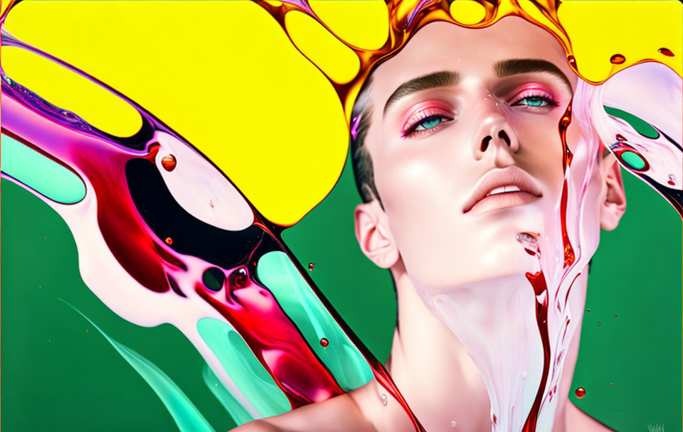 Abstract portrait with slicked-back hair and colorful liquid swirls on green backdrop