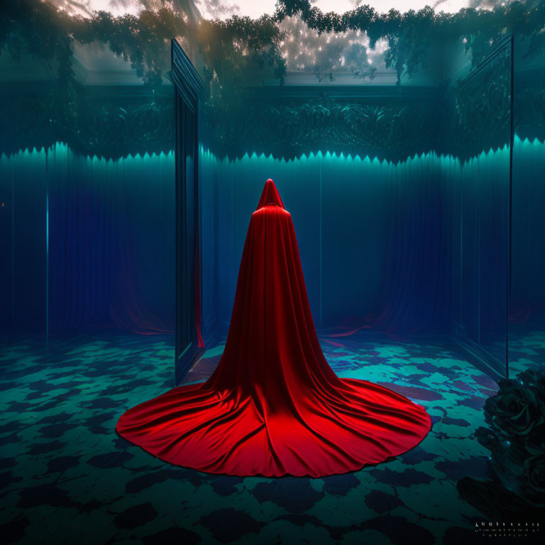 Figure in red cloak between mirrored doors in blue-lit room with floral patterns