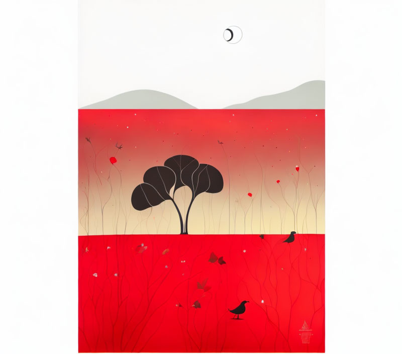 Lone tree with heart-shaped leaves in red foliage and flying birds scene