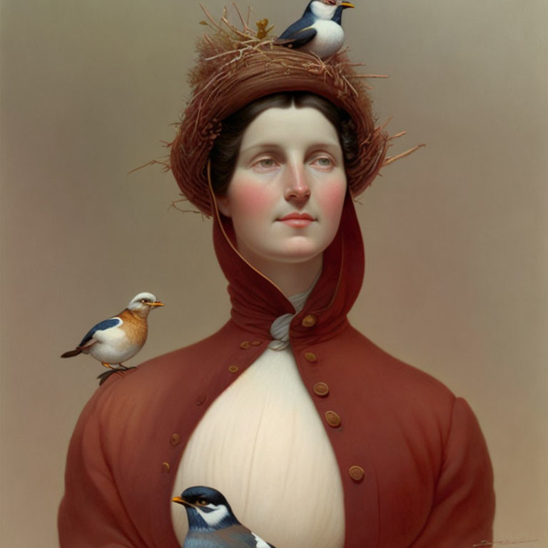 Illustration: Woman in red high-collared outfit with bird's nest hat and birds on neutral