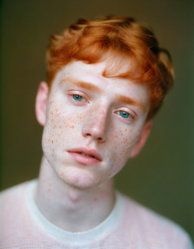 Portrait of person with red hair, freckles, and blue eyes in light pink top against neutral