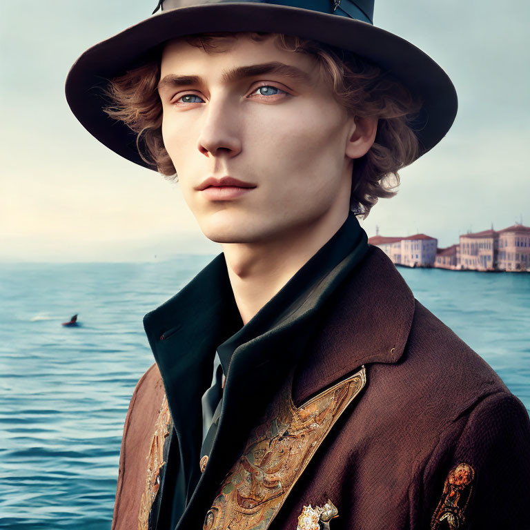 Person with wavy hair in hat and ornate jacket against tranquil sea and buildings.