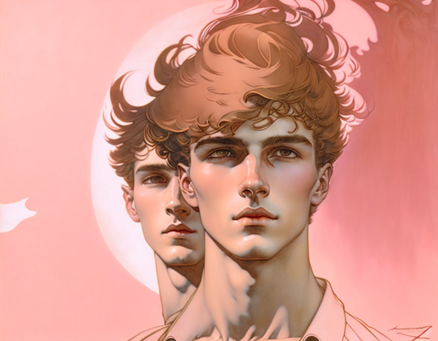 Symmetrical faces illustration of two young males with curly hair on pink background