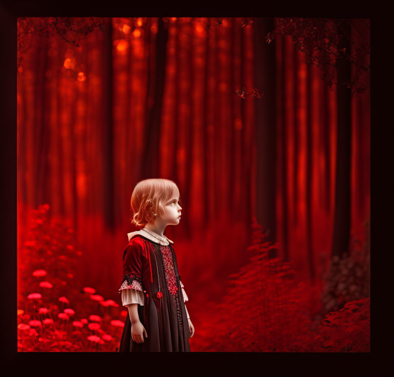 Child in vintage clothing in surreal red forest with towering trees and scattered mushrooms.