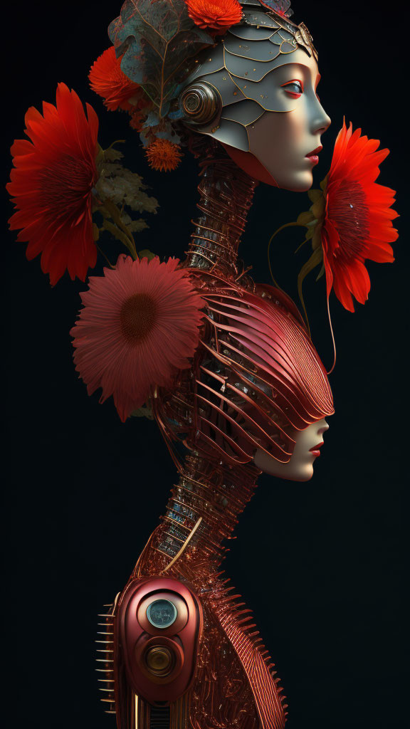 Futuristic robotic figure with humanoid face and red flowers