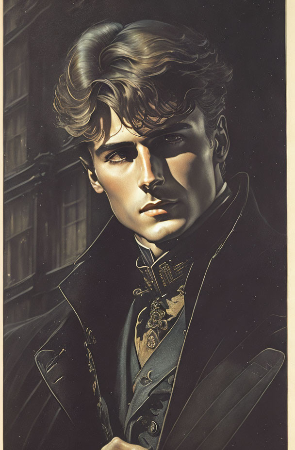 Illustration of man with wavy hair in ornate military jacket