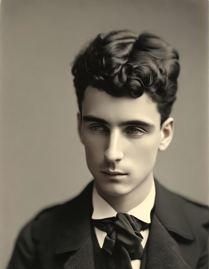 Vintage portrait of young man with wavy hair and intense gaze in dark suit