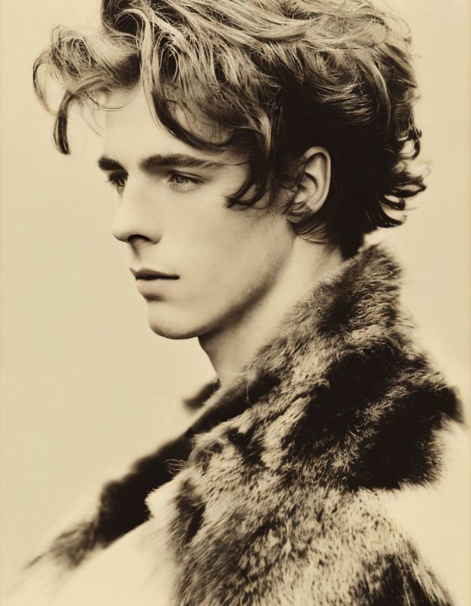 Sepia Portrait of Young Person in Fur Garment