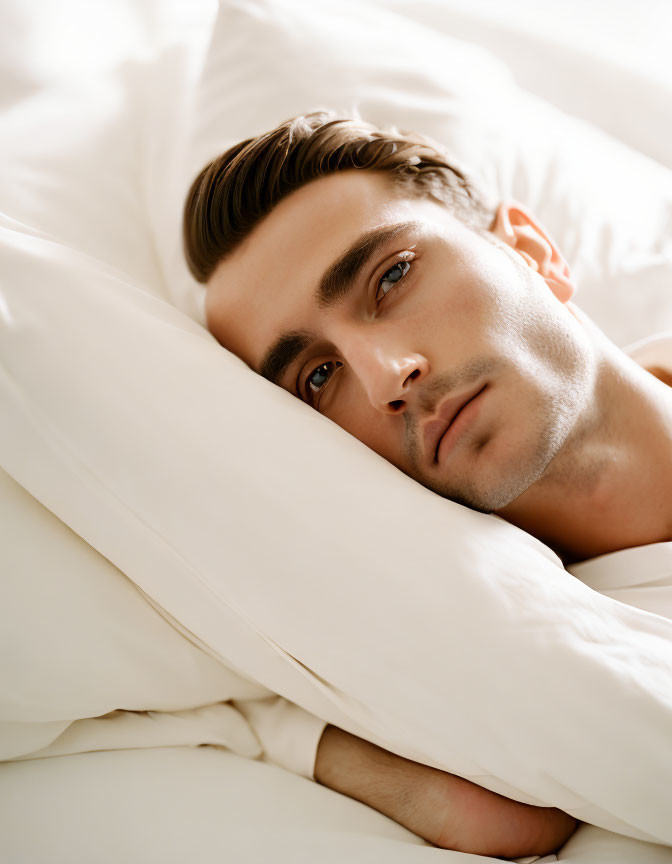 Man with Well-Groomed Hair Resting on White Pillow in Soft Illumination