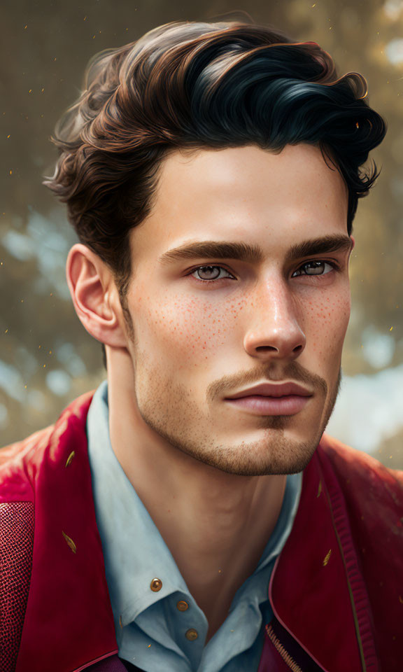 Young man digital portrait with wavy hair, freckles, red jacket, blue shirt, intense