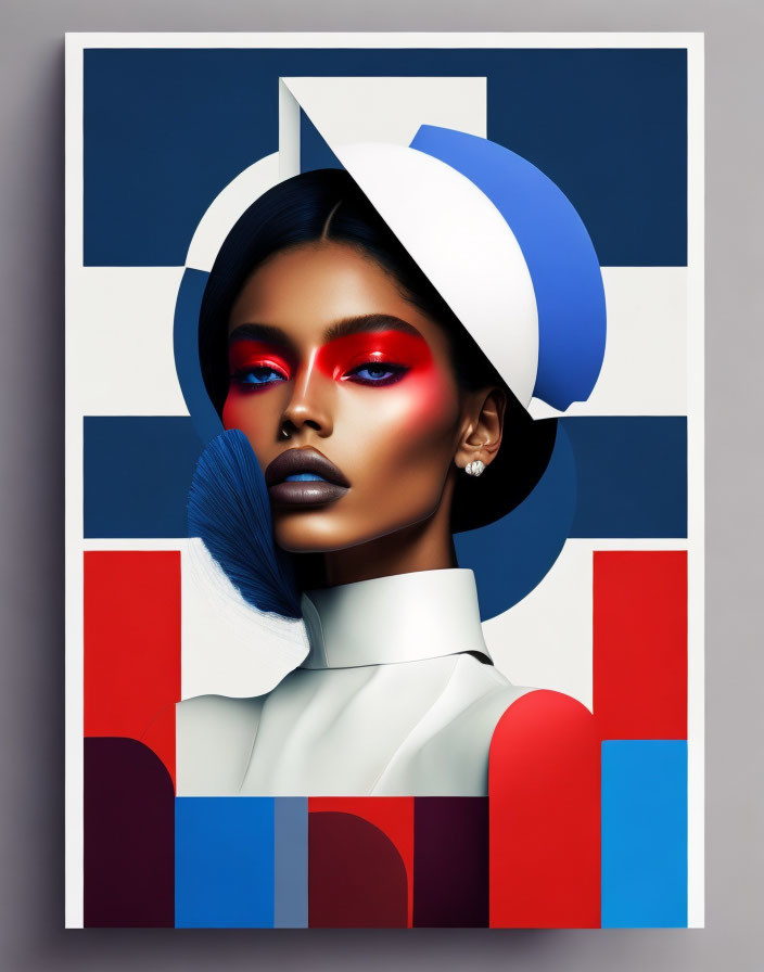 Bold Red Eyeshadow and Blue Lipstick Woman in White and Blue Outfit on Geometric Background