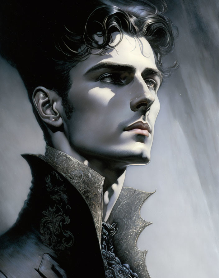 Portrait of a young man with dark hair in ornate coat gazes thoughtfully