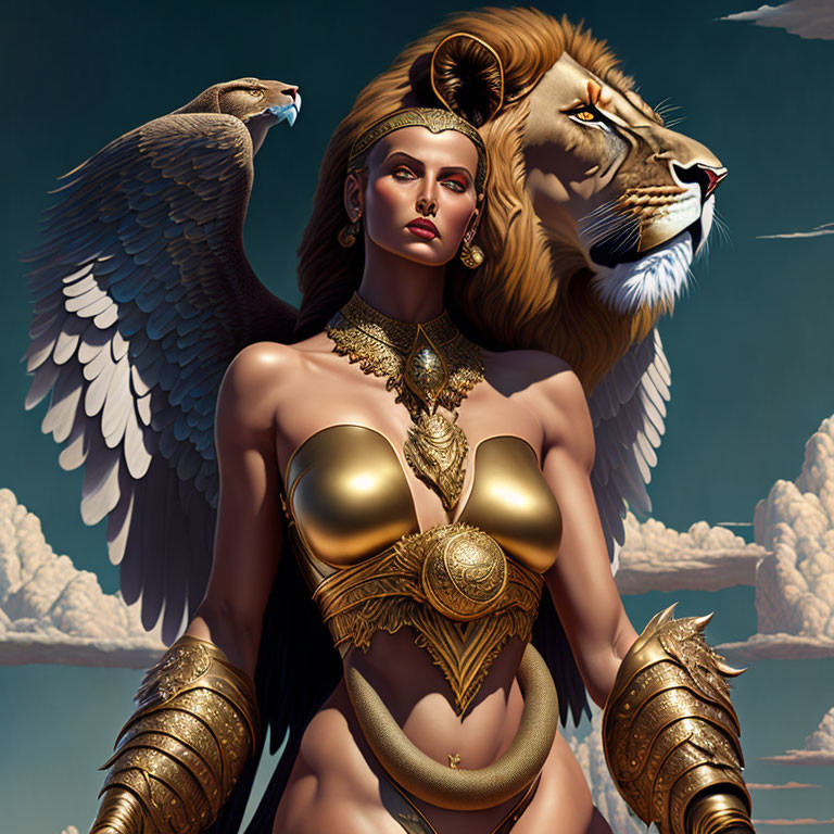 Fantastical woman with lion's head and wings in golden armor against cloudy sky