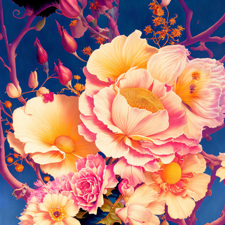 Colorful oversized flowers in peach and pink on deep blue backdrop