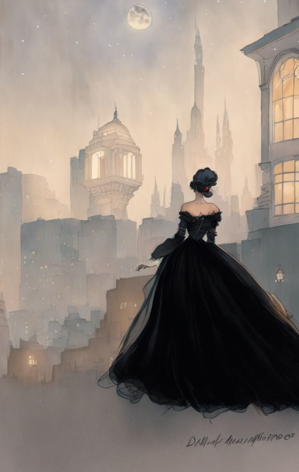 Woman in black gown gazes at moonlit Gothic cityscape.