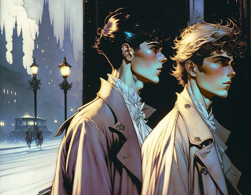 Stylized illustrated characters in trench coats with dramatic lighting in a noir cityscape