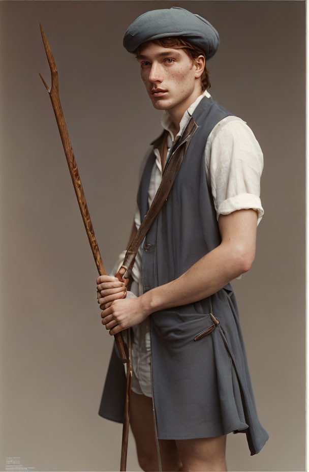 Vintage Attire Young Person with Cap and Wooden Stick on Neutral Background