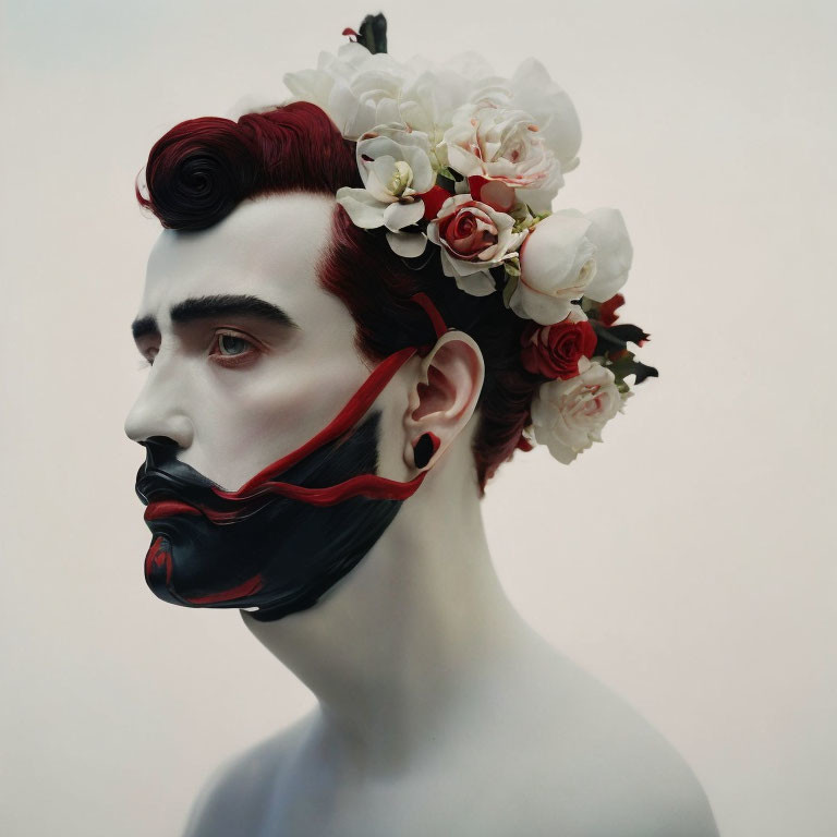 Person with Stylized Makeup, Red Hair, Black Beard, Flowers on Pale Background