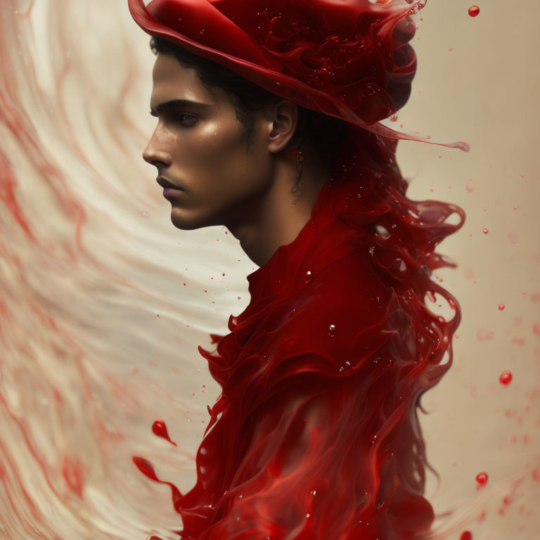 Person with Red Fluid-Like Hat and Garment Swirling