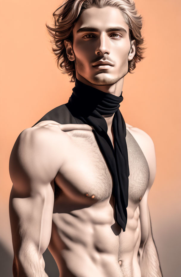 Muscular man with flowing hair in scarf against orange backdrop