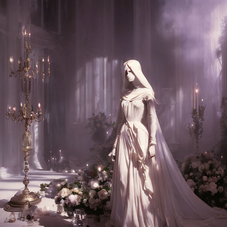 Person in white dress and veil in candlelit room with flowers