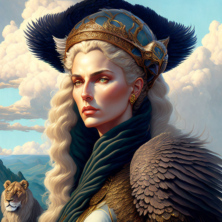 Regal woman with blond hair, golden crown, and lion in cloudy sky