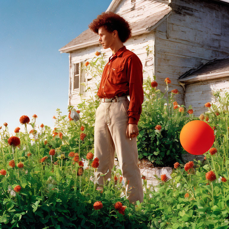 Person in Red Shirt Amid Tall Orange Flowers and White Building