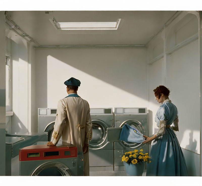 Vintage Attired Couple at Laundromat with Yellow Flowers