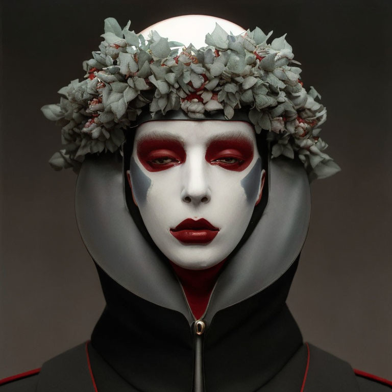 Artistic white and red face makeup with flower crown in black and red outfit on grey background