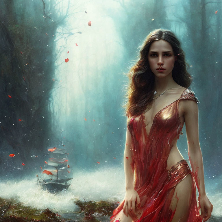 Woman in flowing red dress in misty forest with miniature ship.