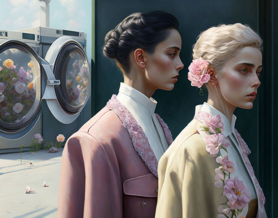 Vintage clothing and intricate hairstyles on two women with floral-filled washing machines background.